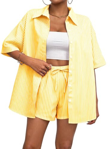 Rayson Completo Donna Estivo Righe 2 Pezzi Camicia Maniche Corto e Pantaloncini con Coulisse e Tasche Set Coordinati Completi Estivi Donna per Mare Spiaggia Lavoro(Giallo, XL)