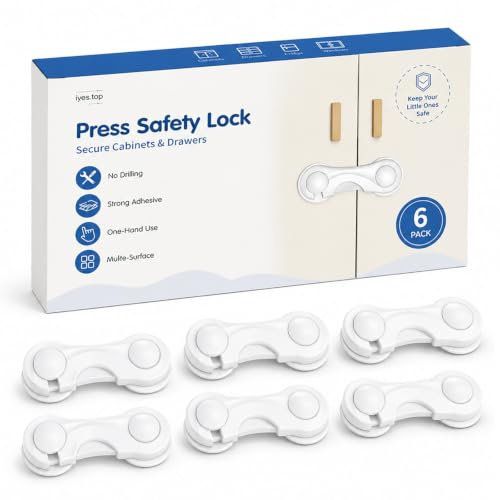Child Safety Cupboard Locks, Baby Proof Locks for Cupboard & Drawers, One-Hand Release Design, No Drill Adhesive Child Locks for Kitchen Cupboards, Bathroom & Storage Cabinets, 6 Pack