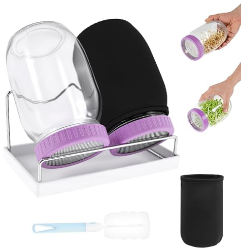 HuhWafee Uppsättning av 2 groddglas groddar glas med rostfritt stål sillock och stativ för mikrogreens broccolifrön groddar set komplett med mörkläggning uppsamlingsskål bred hals konserveringsburk