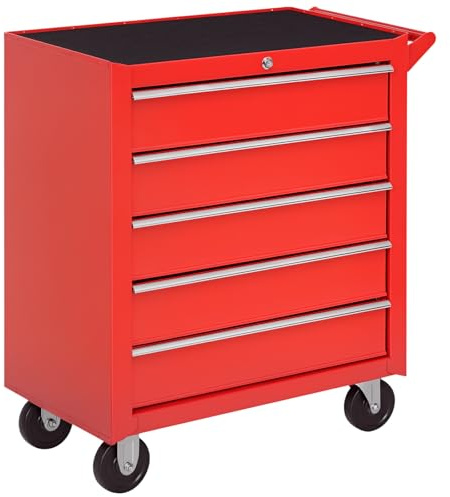 DURHAND 5-Drawer Lockable Tool Storage Cabinet with Wheels, Handle, 2 Keys, Steel Home Work DIY Workshop Chest, Garage Equipment Trolley, Red