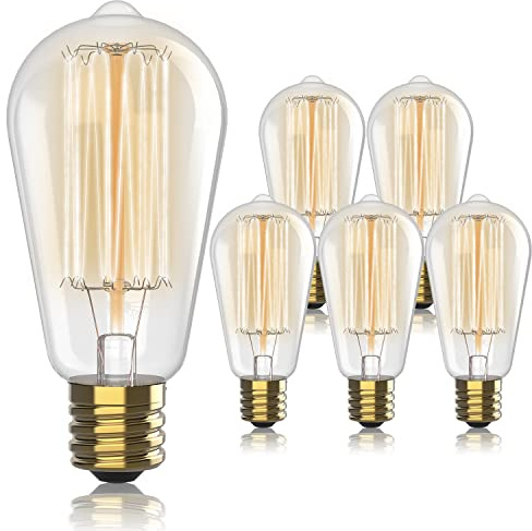 Vintage Edison Incandescent Light Bulbs - 6-Pack 60W, E26/E27, Dimmable 2100K Antique Filament Lamp - ST64 Squirrel Design for Indoor & Outdoor Use