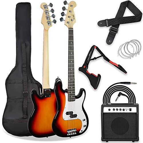 3rd Avenue Full Size 4/4 Electric Bass Guitar Beginner Pack Kit with 15W Amplifier, Bag, Cable, Strap, Stand and Spare Strings – Sunburst