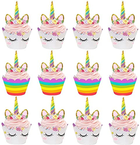 Topper de Gâteau,Licorne Cupcake Toppers et Wrappers 24 Pièces Décorations de Gâteau pour Les Enfants Anniversaire Bébé Douche Fête de D'anniversaire