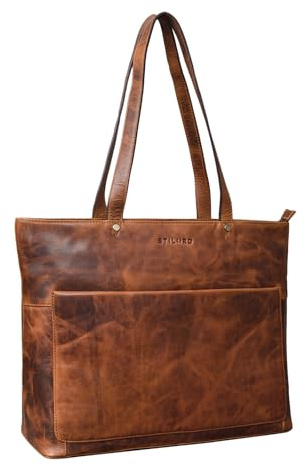 STILORD Astrid Shopper Handtasche Leder Damen Schultertasche Vintage Ledertasche mit Laptopfach Elegante Businesstasche Aktentasche für Frauen Echtleder Farbe:Kara - Cognac