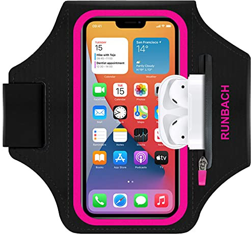 RUNBACH Armband for iPhone 17/17 Pro/16/16 Pro/15/15 Pro/14/14 Pro/13/13 Pro/13 Mini/12/12 Pro/12 Mini/11/11 Pro/XR/XS/X/SE,Water Resistant Armband with Zipper Slot for Airpods and Car Key (Pink)