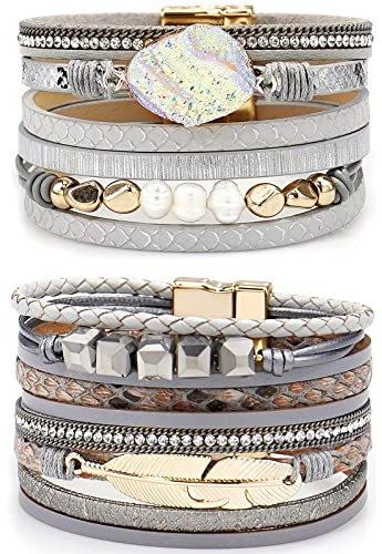 Suyi Ensemble De Bracelet en Cuir Multicouche 2 Pièces Bracelet De Perles Bracelet Manchette avec Boucle Magnétique pour Femme Leaf Silver Set6