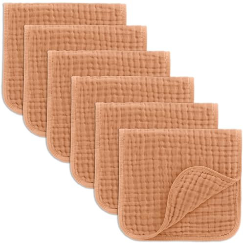 Comfy Cubs Muslin Burp Cloths 50 x 25 cm, Pack of 6 - Large 6-Layer Ultra-Absorbent 100% Cotton for Babies Drool & Messes - Safe & Gentle Baby Burp Cloth Set for Boys & Girls - Caramel