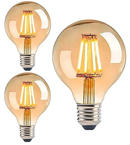 Trango 3er Pack E27005 LED E27 3-Stufen dimmbar warmweiß Gold farbig 2500 Kelvin 4 Watt 400 Lumen, G80 Ø8cm Filament Edison Glühbirne, Amber Vintage Glühbirne, Retro-Beleuchtung Globe Leuchtmittel