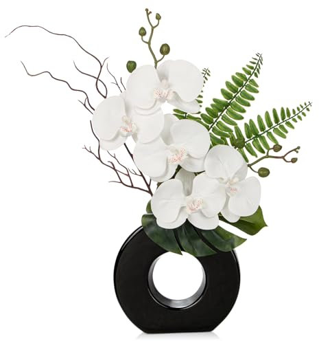 Oairse Artificial Orchid Flowers 41cm White Orchid Silk Flowers with Ceramic Black Vase Faux Phalaenopsis Flower Arrangement for Home Office Kitchen Table Centerpiece Decoration