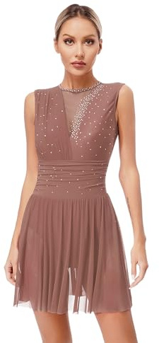 inhzoy Abito da Pattinaggio Artistico Donna Vestito da Balletto Danza Classica Moderna Senza Maniche con Strasss Body da Ginnastica Costume da Ballo Lirico Contemporaneo Marrone S