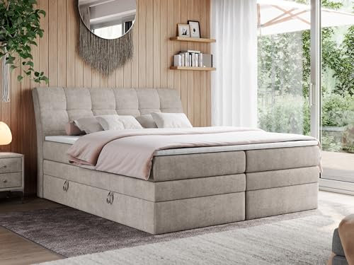 MKS MEBLE King Boxspringbett 120x200, Polsterbett 120x200 mit Bettkasten, Bett 120x200 mit Multipocket-Matratze H3, Boxspringbett 120x200 mit Kopfteil und Topper - H3 Beige Strukture - Gold-10