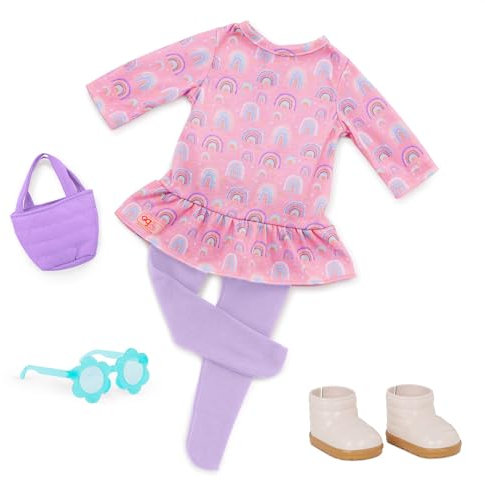 Our Generation - Bright As A Rainbow Set, Rainbow-Print Dress for 18-inch Fashion Girl Dolls – 5 Piece Clothing & Accessory Set