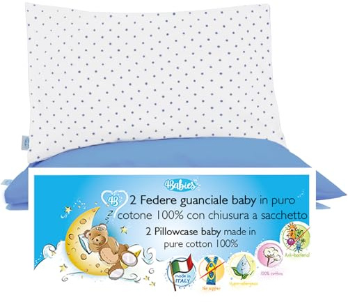 4BABIES-Federa Cuscino 40x60 Bambino- Set 2 Federe per cuscino lettino e culla 100% PURO COTONE Made in Italy - Chiusura a busta - Certificato OEKO-TEX - POIS BLUE SMOKE