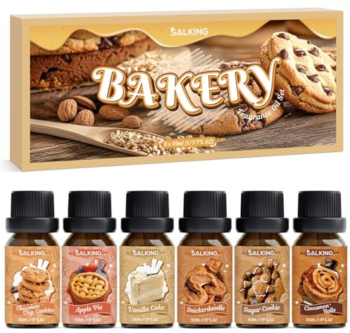 SALKING Pâtisserie Huiles Essentielles pour Diffuseurs 6x10ml, Biscuits aux pépites de chocolat, tarte aux pommes, brioches à la cannelle, gâteau à la vanille, Snickerdoodle, biscuit au sucre