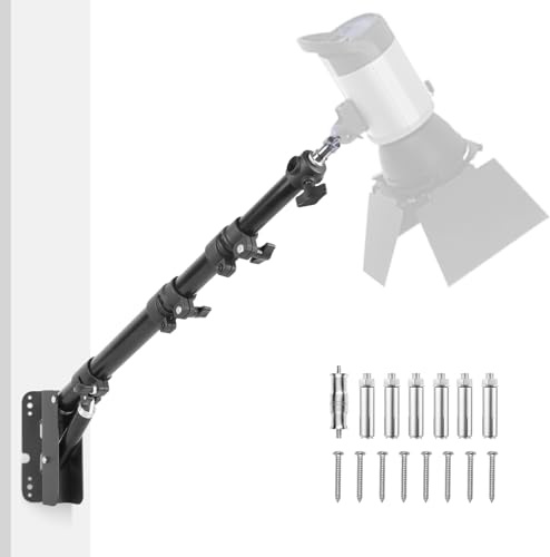Foccalli Braccio da Parete con Base Triangolare, Luce ad Anello, Braccio Regolabile 110 cm con Rotazione Flessibile di 180° per Fotografia Studio, Softbox, Fotocamera, Ombrello e Riflettore