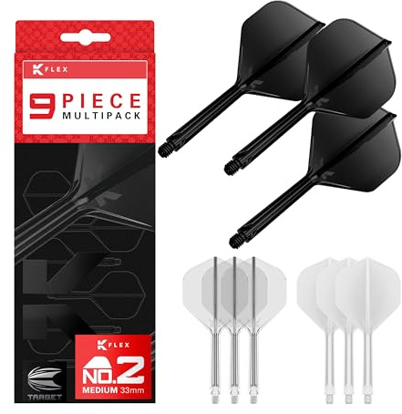 Target Darts K-Flex Integrated Dart Flights and Shafts, Medium Stem (33mm), No.2 Flight, 9-Pack Bundle, Black, White & Clear