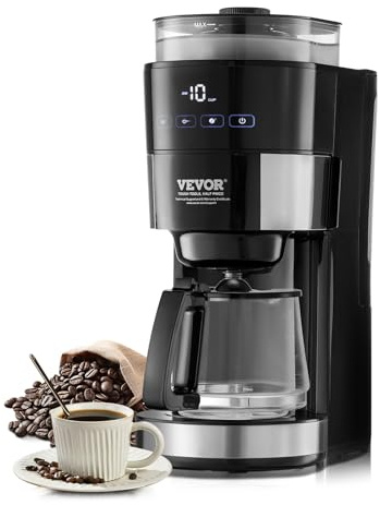 VEVOR Coffee Maker with Grinder, 10 Cup Coffee Machine, Grind and Brew Coffee Maker with 3 Brew Strength Control, Adjustable Grinding Coarseness, for Home Office Restaurant