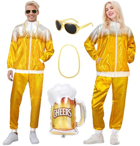Déguisement Année 80 Homme Femme, Costume De Bière, Tenue Disco Rétro avec Veste, Pantalon, Lunettes, Collier, Ballon, Déguisement Années 80 90 pour Festival Bière, Carnaval, Halloween, Fête, Cosplay