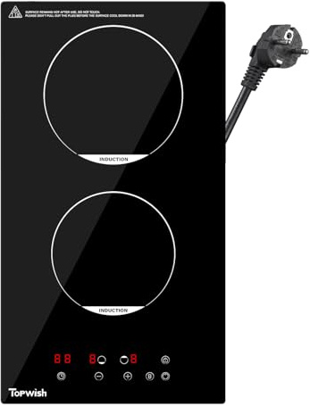 TOPWISH Piano Cottura a Induzione 30cm, Piastra a Induzione 2 Fuochi, Piano Cottura a Induzione 2 Piastre, Piastre a Induzione, Piano Cottura con Sicurezza Bambini, Timer, Indicatore di Calore Residuo