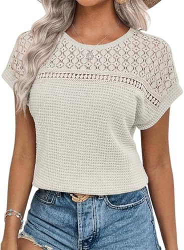 Chicrise Tshirt Femme Eté Dentelle Manches Courtes Blouse Col Rond Casual Hauts Elégante Crochet