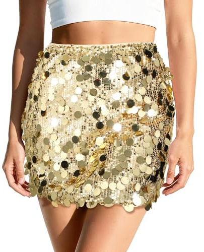 XquiziFit Sequin Skirt Mini for Women Sparkly Glitter Sexy Micro Skirts Party or Nightlife Gold Medium