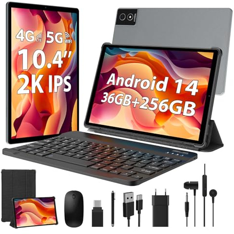WOREGOO Tablet Android 14 de 10,4 Pulgadas, 4G LTE y WiFi 5G, 36 GB RAM + 256 GB ROM, Octa-Core, 8000 mAh/OTG/Cámara 8+13 MP/BT5.0/GPS/GMS, Tableta con Teclado y Ratón (Gris)