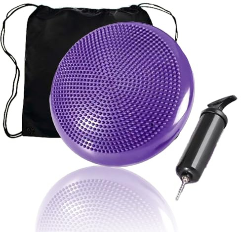 Barn vuxna balanskudde, bollsitskudde med luftpump, diameter 33 cm balans träning yoga matta massage bräda fysiokudde för Core, koordination, fitness ryggträning dyna (lila) (lila)
