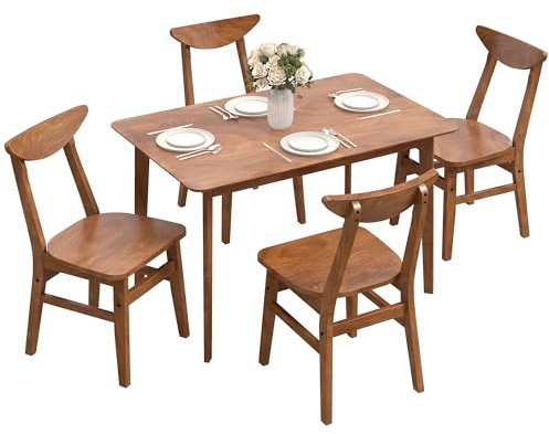 HOMCOM 5-Piece Solid Wood Dining Table Set for 4, Modern Farmhouse Kitchen Table and Chairs for Small Space, Dining Room, Breakfast Nook, Walnut