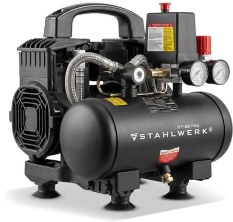 STAHLWERK Compresor con tanque de 3 L (ST-38 Pro) – sin aceite y silencioso, 8 bar, compresor de aire con motores sin escobillas, 1,60 CV, 1,18 kW, 190 l/min, compresor de pistón silencioso