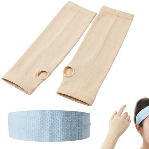 YILZAR Mangas para Brazos con Protección UV UPF 50+ y Cinta para el Pelo, Manguitos de Compresión Transpirables para Running, Ciclismo y Padel, Diseño de Dedo Expuesto, Beige y Azul Cielo
