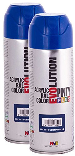 Pintyplus Evolution - Pintura en aerosol, color azul genciana, RAL 5010, paquete de 2, pintura acrílica en aerosol de secado rápido para metal, madera, piedra, cartón y papel