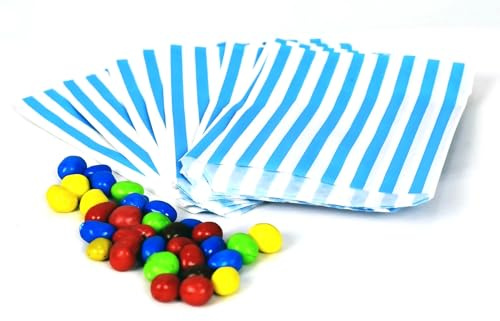 100 - Striped Candy Paper Bags for Sweet Flavor Buffet Wedding Cake Gift Shop (5'' X 7'') (Aqua/Light Blue, Qty: 100 Bags)
