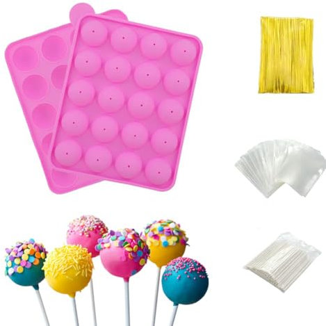 BPA Free Silicone Cake Pop Mould with 100 Cake pop Sticks+100 Treat Bags+ 100 Twist Ties, Cake Pop Moulds Great for Hard Candy, Lollipop,Cake Pop and Party Cupcake