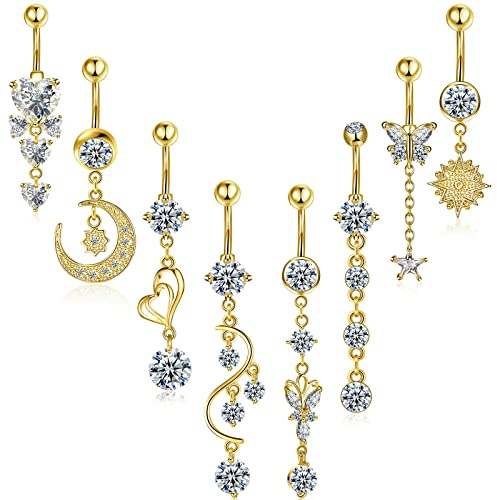 Hicarer 8 Pieces 14G Belly Button Rings Steel Long Dangle Navel Ring CZ Body Piercing Jewelry (Gold)