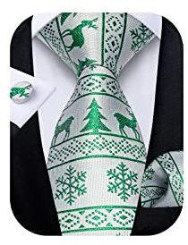 DiBanGu Julslipsar för män festligt mönster slips ficka fyrkantiga manschettknappar set julfest semester slipsar med presentförpackning, white/green christmas tree, en storlek