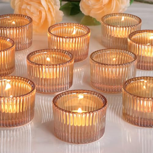 Lanttu Tealight Candle Holder Set of 12, Gold Small Votive Candle Holders for Table Centerpiece, Glass Tea Light Candles Holder for Party & Home, Wedding Decor (2'' Dia x 1.4'' H)
