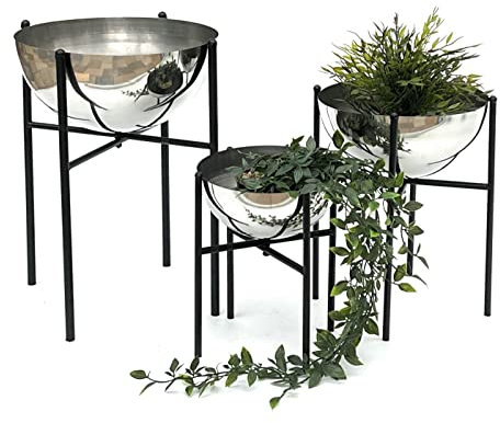 DanDiBo Juego de 3 taburetes de metal con maceta, color negro y plateado, 96257 con columna de flores, moderno soporte para plantas