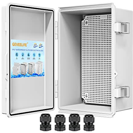 Waterproof Junction Box ABS Plastic, Outdoor Electrical Box IP67 Hinged Cover Project Box with Mounting Plate Wall Brackets and 2 Cable Glands, Grey Electrical Enclosure 11.4x7.5x5.5