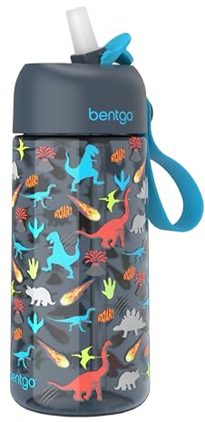 Bentgo Kids Water Bottle - Leak-Proof, Durable Tritan PFAS- & BPA-Free 15 fl oz, Kids/Toddlers Ages 3+ for School & Sports; Bite & Sip Spout, Carrying Handle, Dishwasher Safe (Dinosaur)