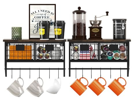 Helsin Industrial Wall Mounted Metal Wood Floating Shelves with Baskets Hooks Hanging Display Shelf Sundries Holder for Coffee Bar Kitchen Bathroom Organization and Home Decor, Black (16inch, 2 Sets)
