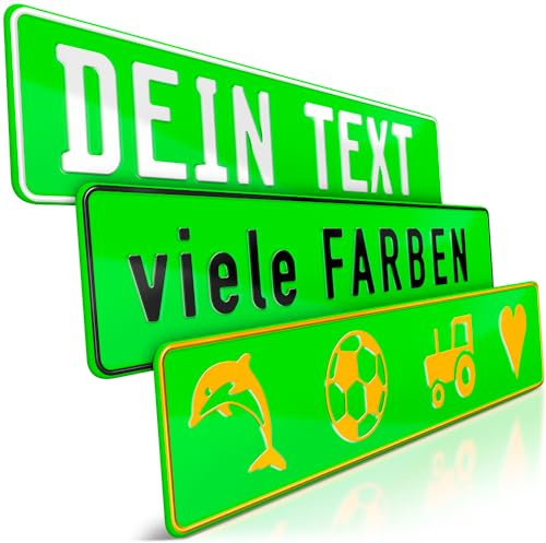 schildEVO 1 Fun-Schild geprägt | Neon-Grün mit Wunschtext bis zu 16 Zeichen | Aluminium Namensschild | Individuelles Fun-Kennzeichen | Bohrlöcher & Saugnäpfe