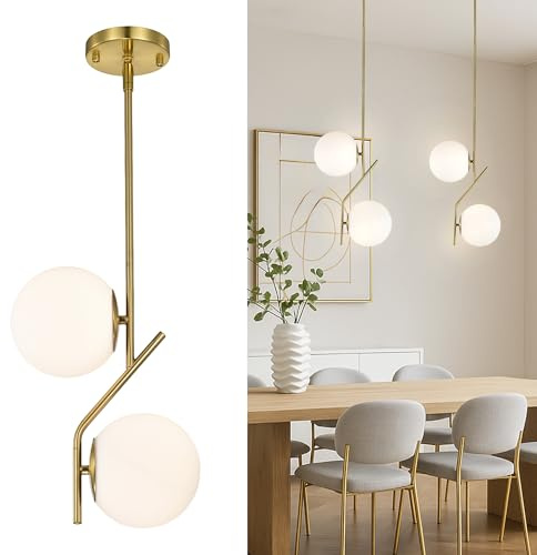 Alighting Pendelleuchte Gold mit 2 Milchglas Kugeln Ø15 cm Mid Century Modern Pendelleuchte Glas für Kücheninsel Esstisch Flur Schlafzimmer Bad