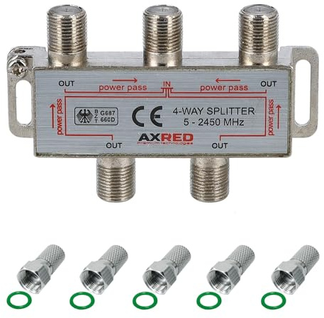 AXRED Répartiteur satellite 4 voies + 5 fiches F Anadol pour répartition de 1 signal d'antenne vers 4 appareils (récepteur/téléviseur/radio FM) Répartiteur satellite 3 voies