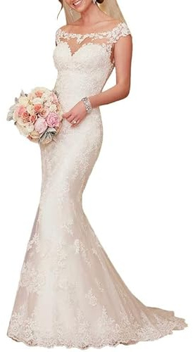 SEVENYXX Abiti da Sposa Vintage Abiti da Sposa Lunghi Mermaid Ufficio Civile Abiti da Sposa per Le Donne, Bianco, 48