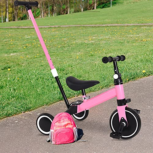 Tricycle Enfant Évolutif avec Siège Réversible, Tricycle à Pousser pour Filles et Garçons,Très Grand auvent+Grande Armature+Barre de poussée réglable (c,Rose)