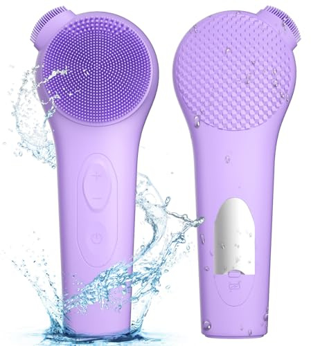 ADINC Silicone Face Scrubber, Waterproof Rechargeable Facial Cleansing Brush, 5 Cleansing Modes with Nose Brush for Women & Men Electric Face Wash Brush for Deep Cleaning Exfoliating, Massaging Purple
