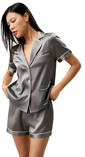 LilySilk Short Silk Pyjama Set for Women 100% Mulberry Silk 22 Momme 2 Piece Short Pants Sleepwear for Summer S, Dark Gray