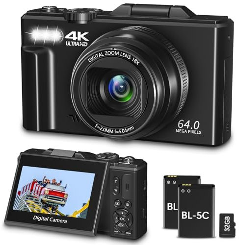 Cámara digital para fotografía, WiFi 64MP 4K Vlogging cámara para YouTube, pantalla abatible de 3 pulgadas 180° zoom digital 18X cámaras de viaje compactas con tarjeta TF de 32 GB y 2 baterías, negro