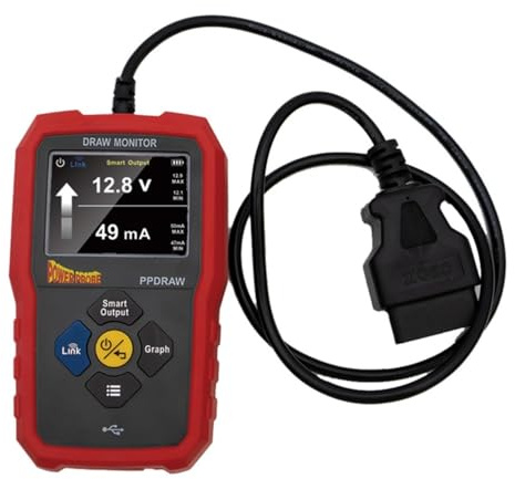 Power Probe PPDRAW Draw Monitor, Automotive Battery Voltage and Parasitic Draw Tester with OBDII Connection, 12V 10A Smart Output, Bluetooth App Logging, TFT Display and USB-C Charging