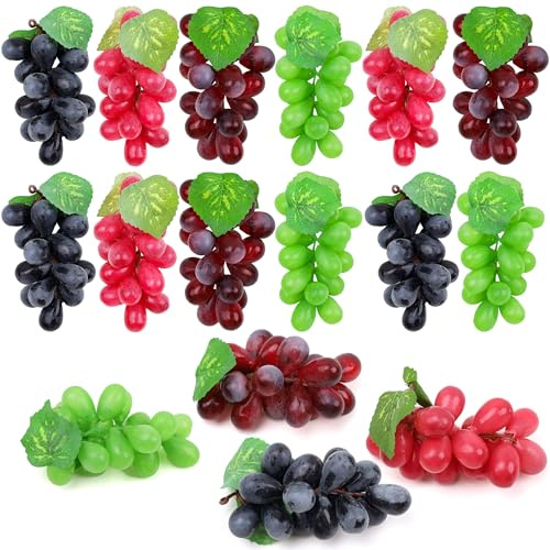 Folmywy 16 Pack Artificial Fake Grapes Simulation Faux Grape Bunches Black Purple Red Green Realistic Rubber Fruits Decoration for Bowls Filler Wedding Party Home Fruit Wine Decor